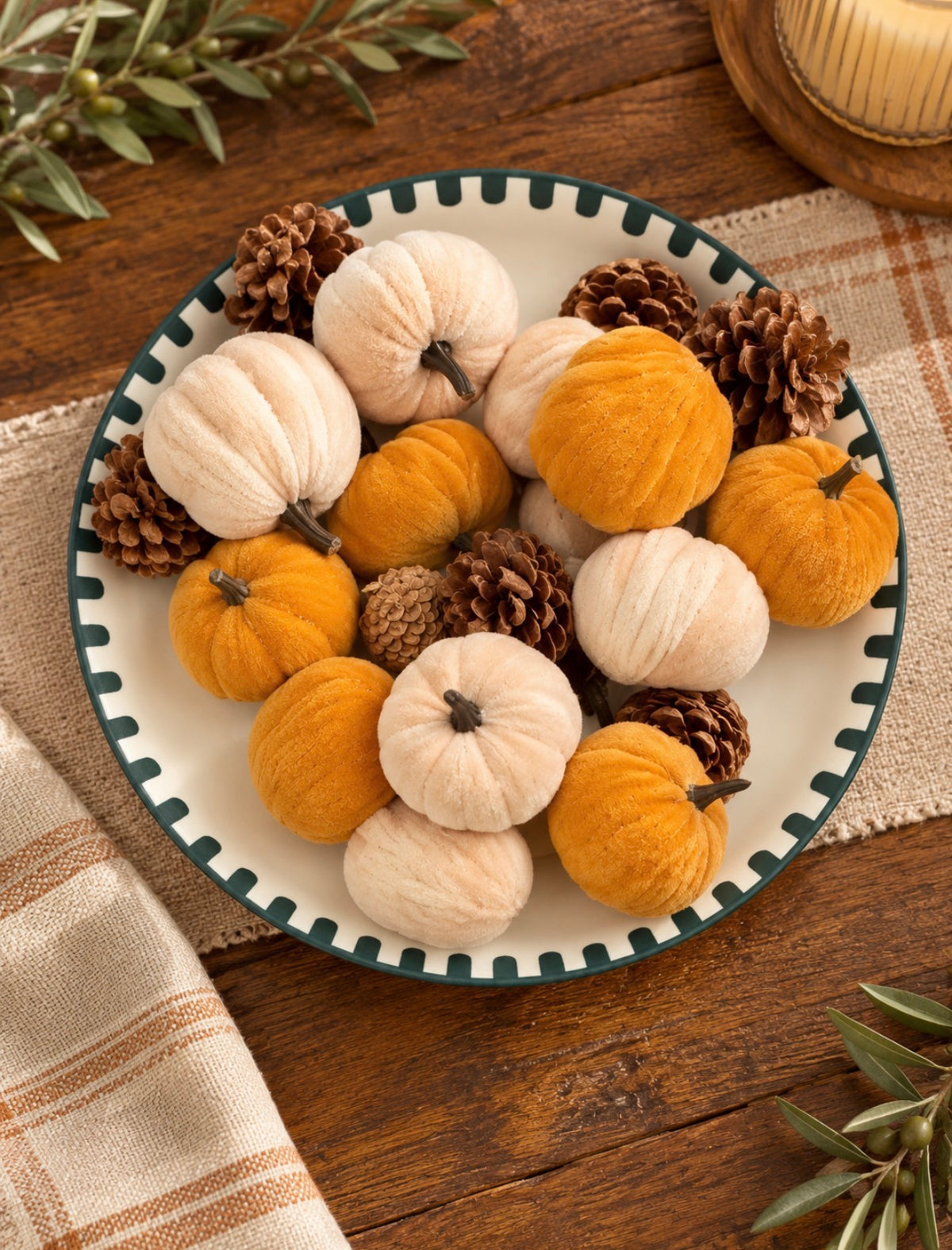 Autumn Velvet Pumpkin &amp; Pinecone Set